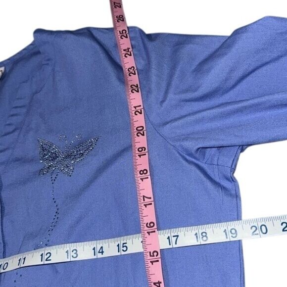 Angel Womens Light Blue Button-Up Scrub Jacket W/ Rhinestone Butterfly Design XS - Picture 3 of 10